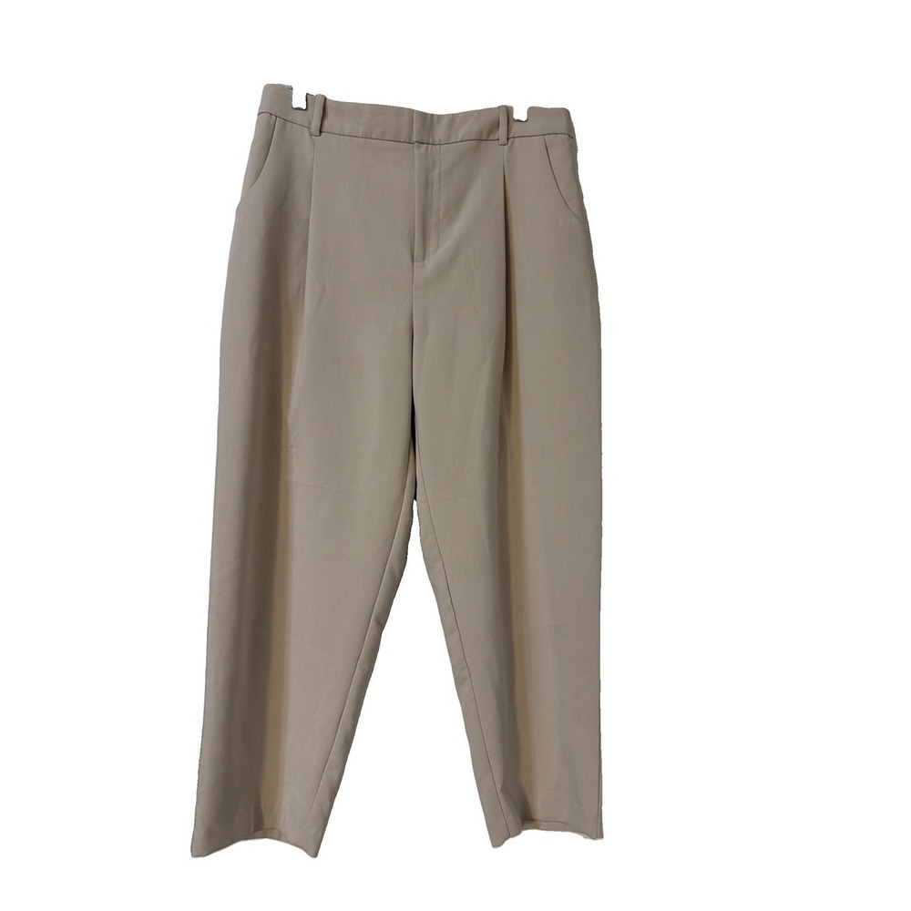 ZARA WOMEN Sz Large PLEATED PANTS Beige Straight Pockets Career Preppy Neutral